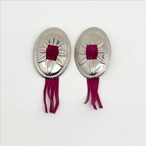 Vintage 80s Western Silver Concho Star Earrings with Pink Suede Leather Tassels